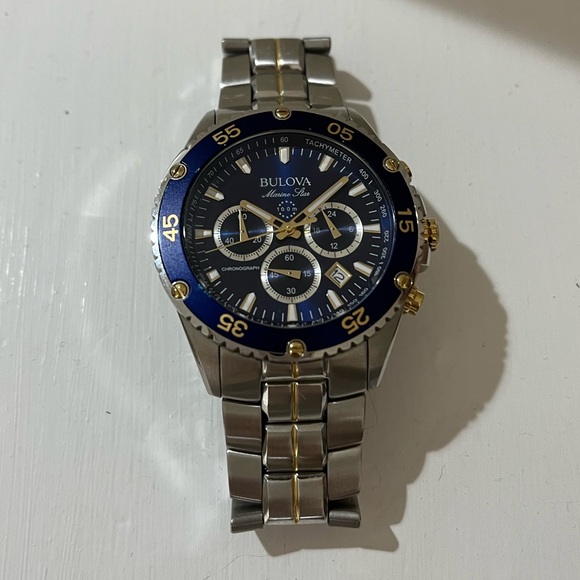 Bulova Men’s Watch 98B400 Marine Star Quartz Chronograph 41mm Two Tone Blue Dial - Picture 2 of 6